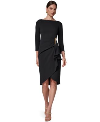 Women's Long-Sleeve Boat-Neck Side Cascade Ruffle Dress