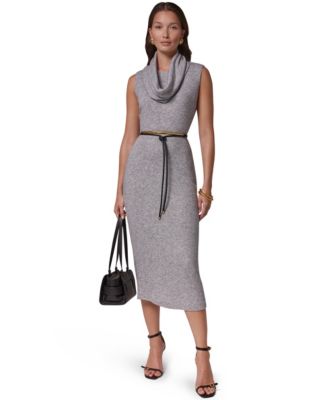Women's Cowl Neck Attached Scarf Belted Sweater Dress