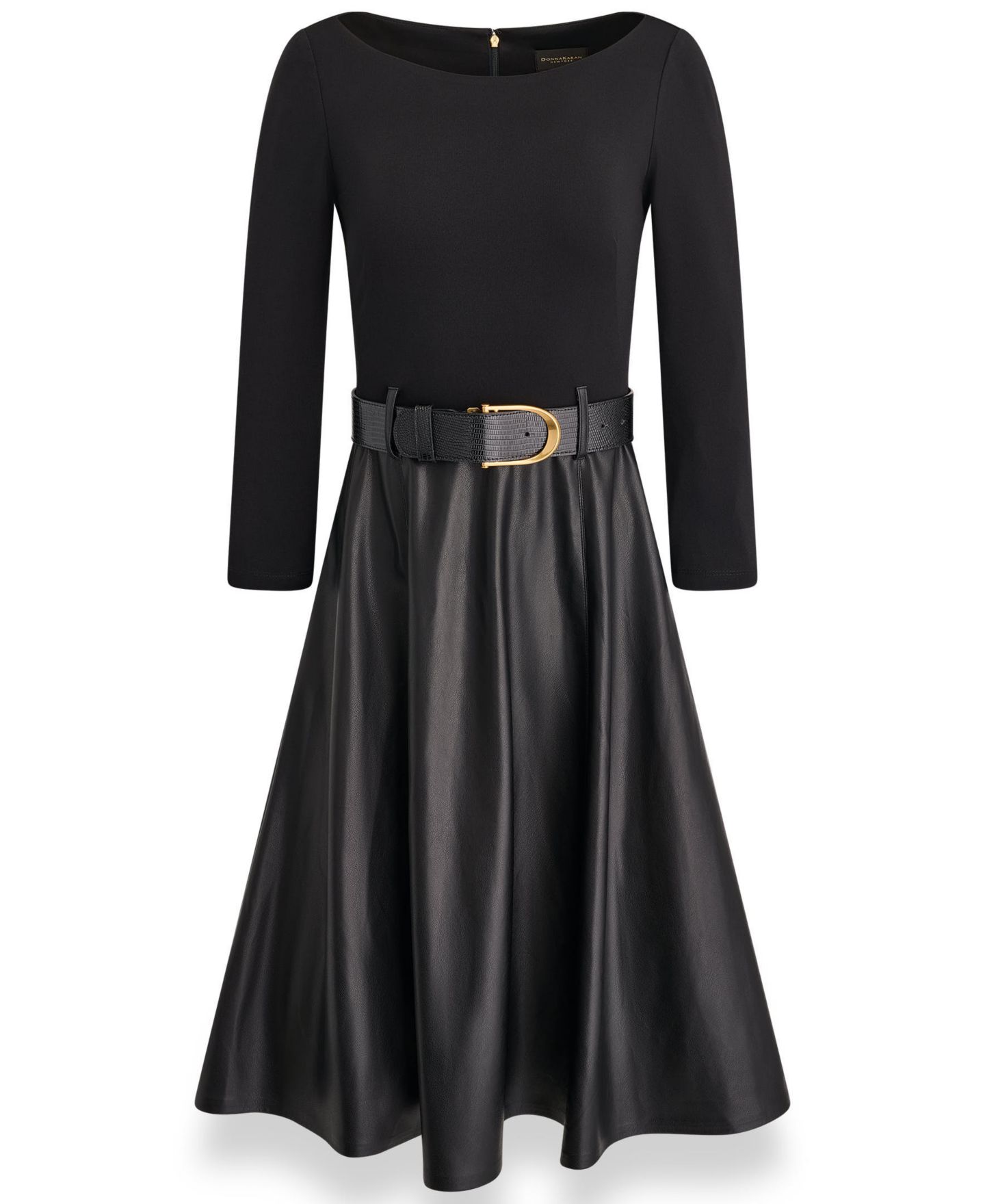 Женское платье Donna Karan New York Boat Neck Mixed Media Belted Fit & Flare, цвет: Чёрный — фото 5