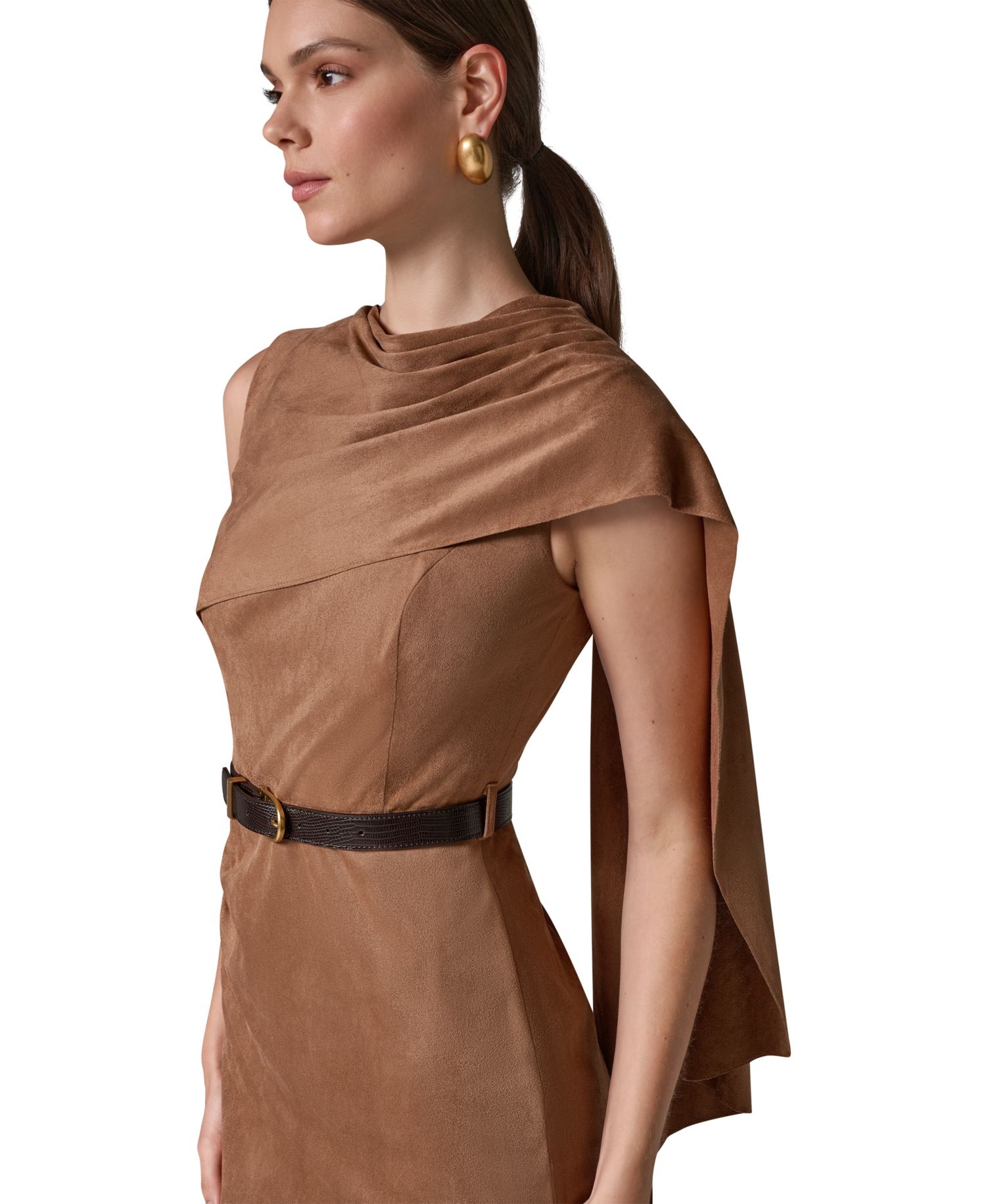 Women's Suede Draped Shoulder Panel Belted Midi Dress