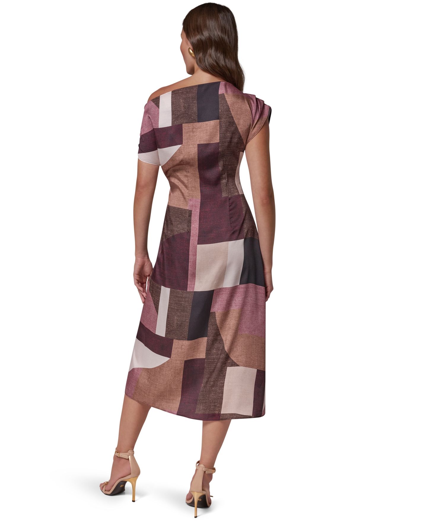 Женское платье Donna Karan New York Off-the-Shoulder Asymmetrical Midi, цвет: Чёрный / Верблюжий разноцветный — фото 4