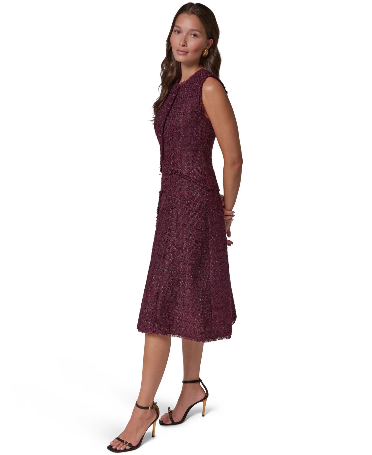 Women's Textured Tweed A-Line Crewneck Midi Dress