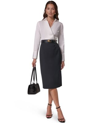 Women's Long-Sleeve Collared Mixed Media Belted Pencil Dress