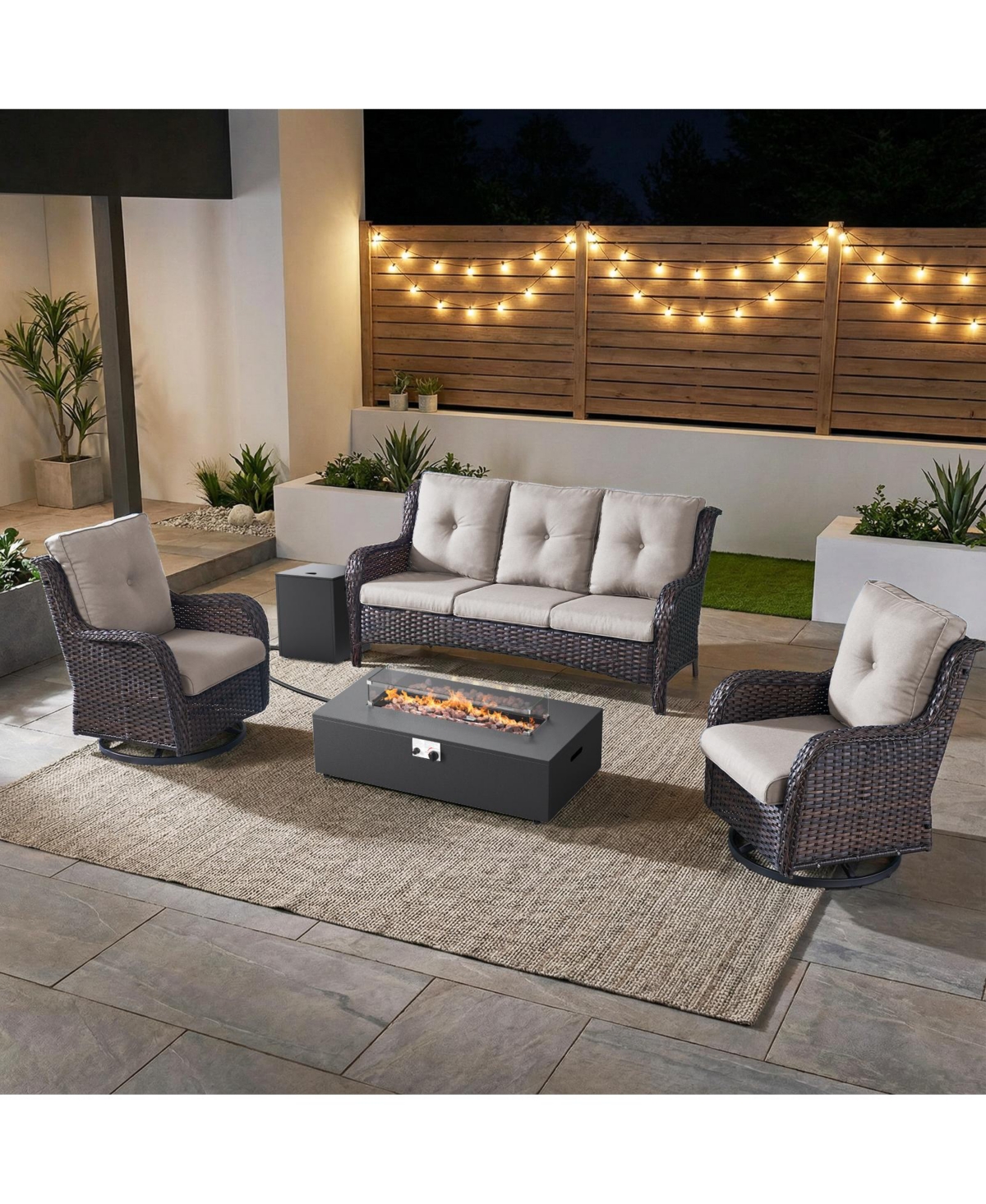 Pocassy 5 Pieces Outdoor Patio Furniture Set with Fire Pit Table Kits, Rattan Wicker Sectional Swivel Rocker Chairs Sets