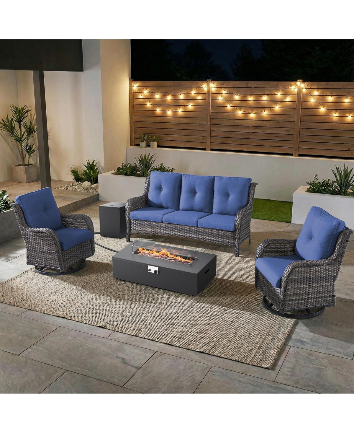 Pocassy 5 Pieces Outdoor Patio Furniture Set with Fire Pit Table Kits, Rattan Wicker Sectional Swivel Rocker Chairs Sets