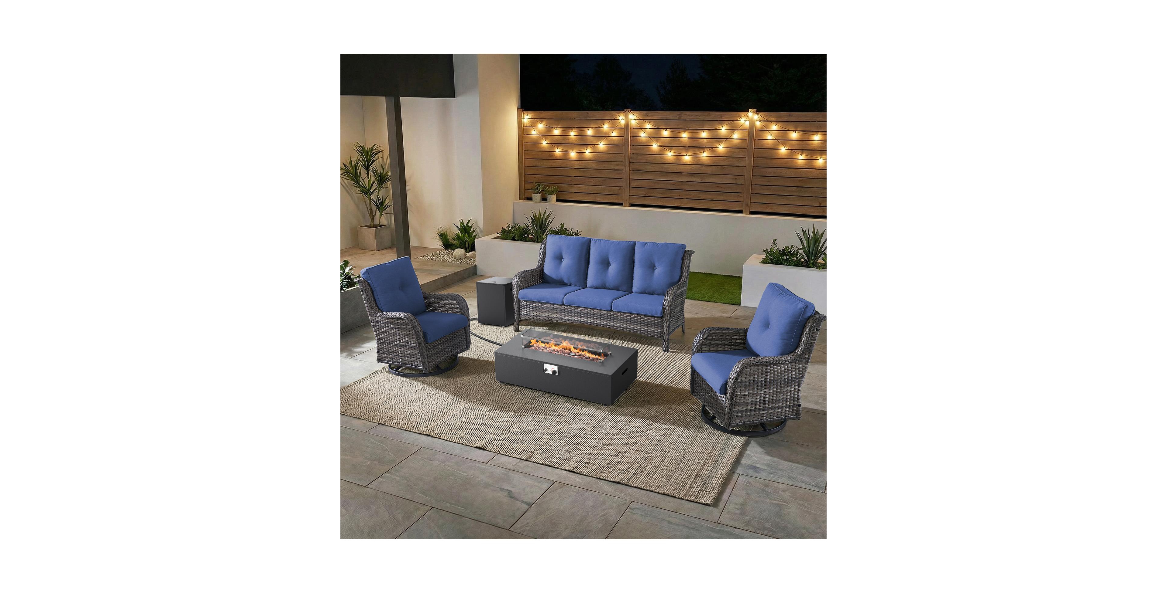 Pocassy 5 Pieces Outdoor Patio Furniture Set with Fire Pit Table Kits, Rattan Wicker Sectional Swivel Rocker Chairs Sets