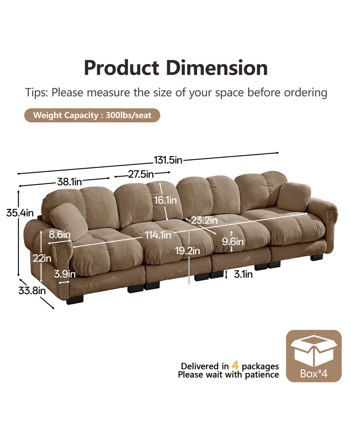 Clihome Chenille Cloud 4-Seater Sofa,Exquisite pillows and quilted back cushions