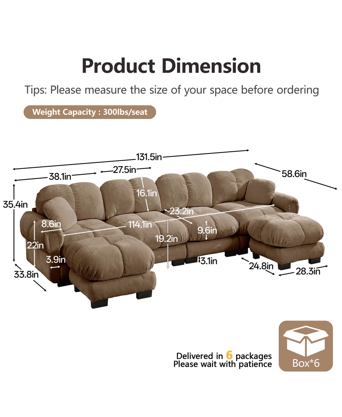Clihome Oversize Chenille U-Shaped Sofa, Deep Seat Sofa Couch with Movable Ottoman