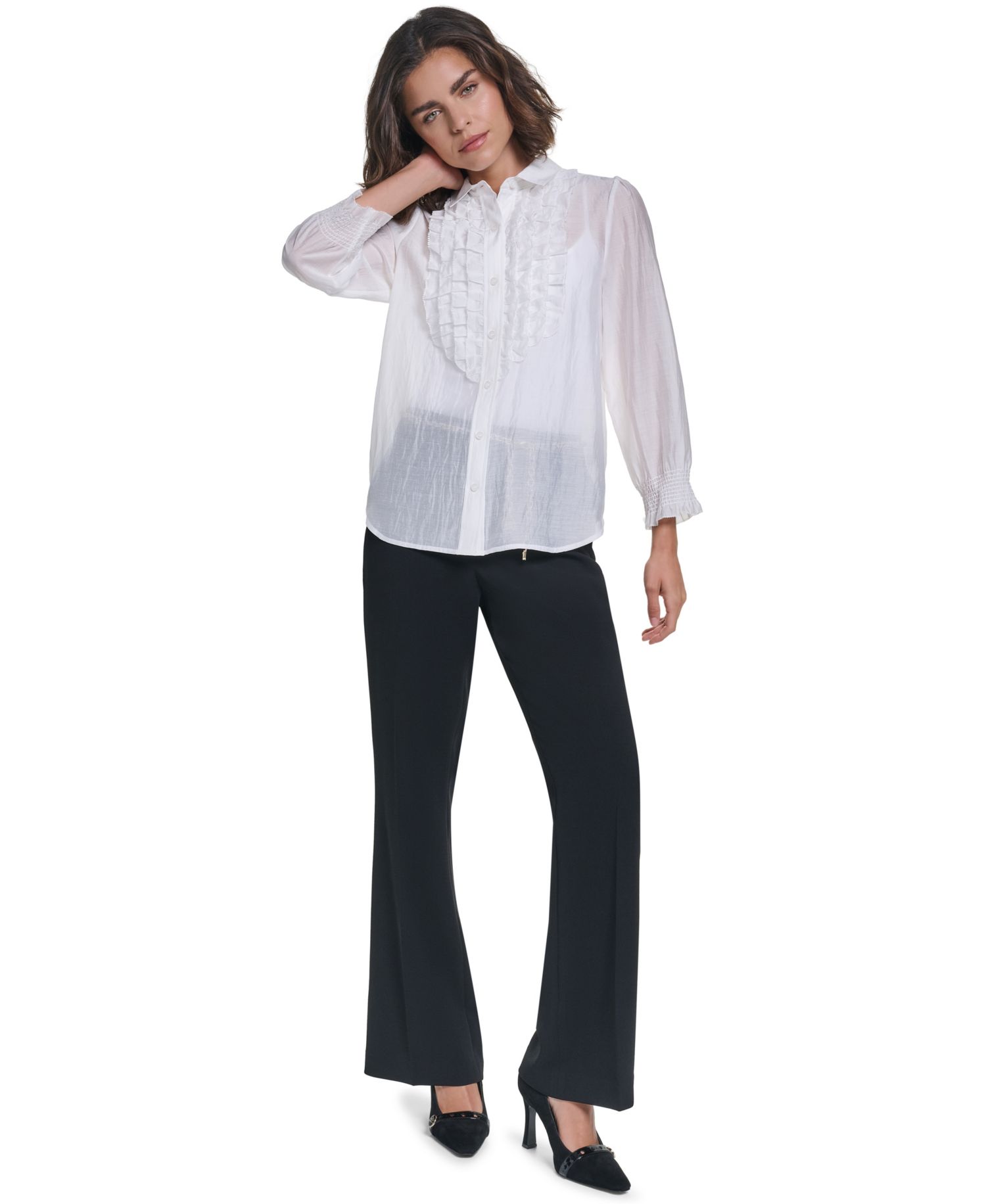 Women's Ruffle Button Woven Collar Neck Top