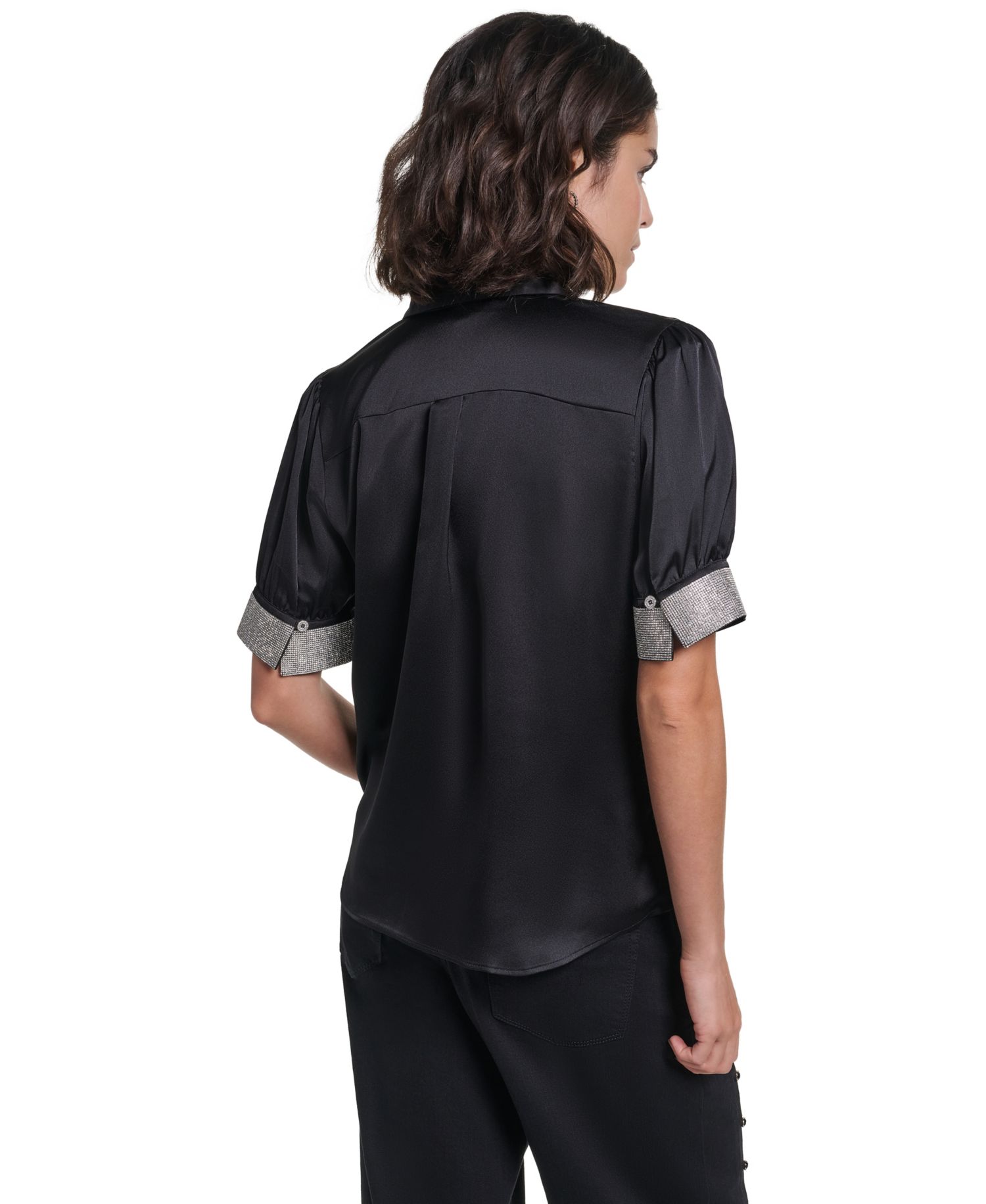 Women's Satin Rhinestone-Cuff Button-Front Top