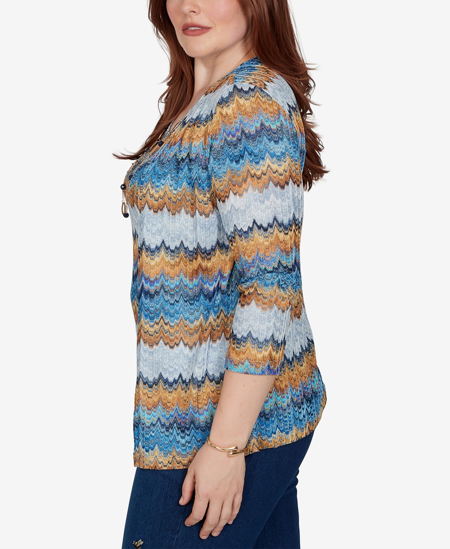 Женский топ Alfred Dunner Petite 3/4-Sleeve Scoop Neck, цвет: Синий разноцветный — фото 3