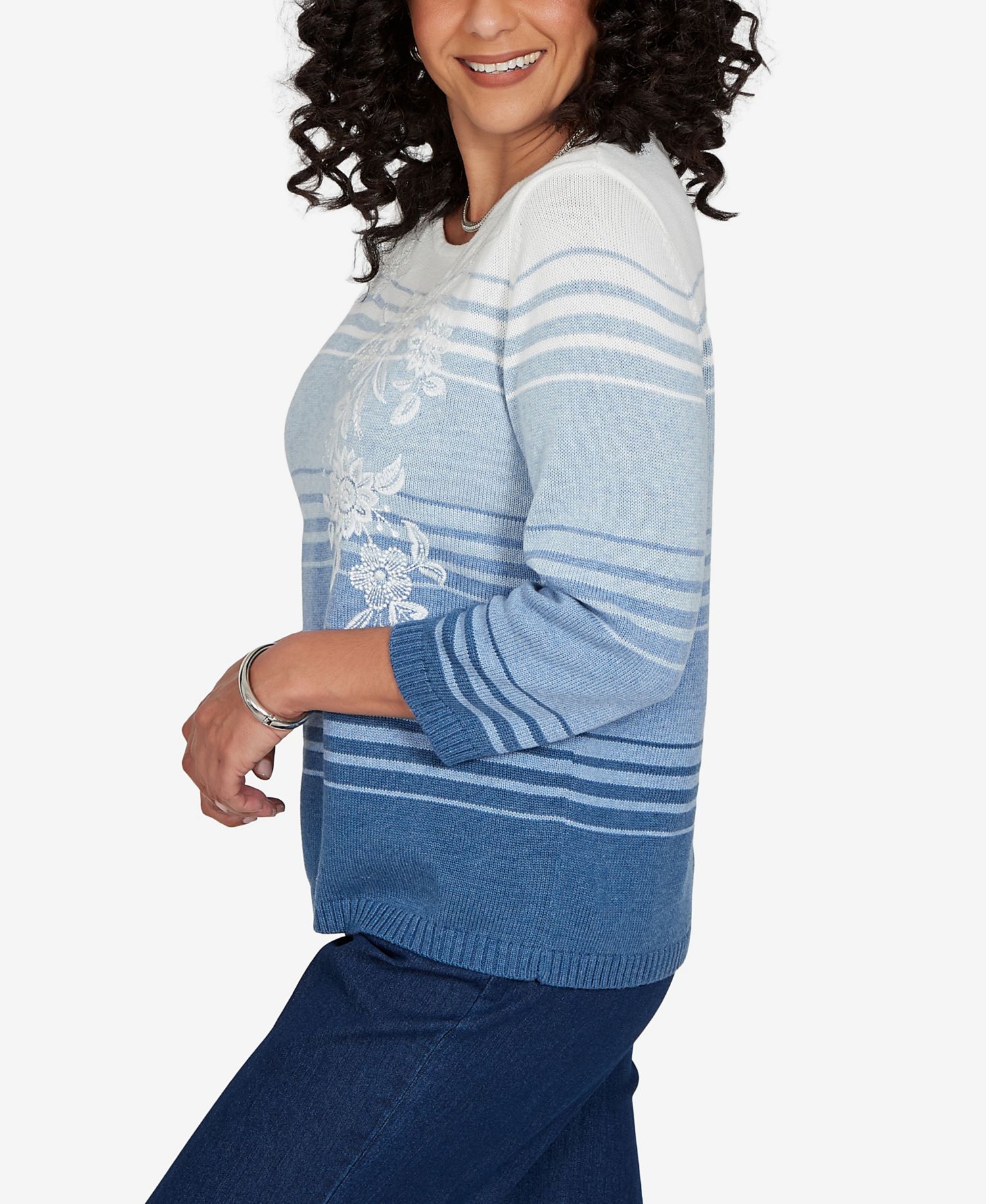 Petite Crewneck 3/4-Sleeve Stripe Sweater