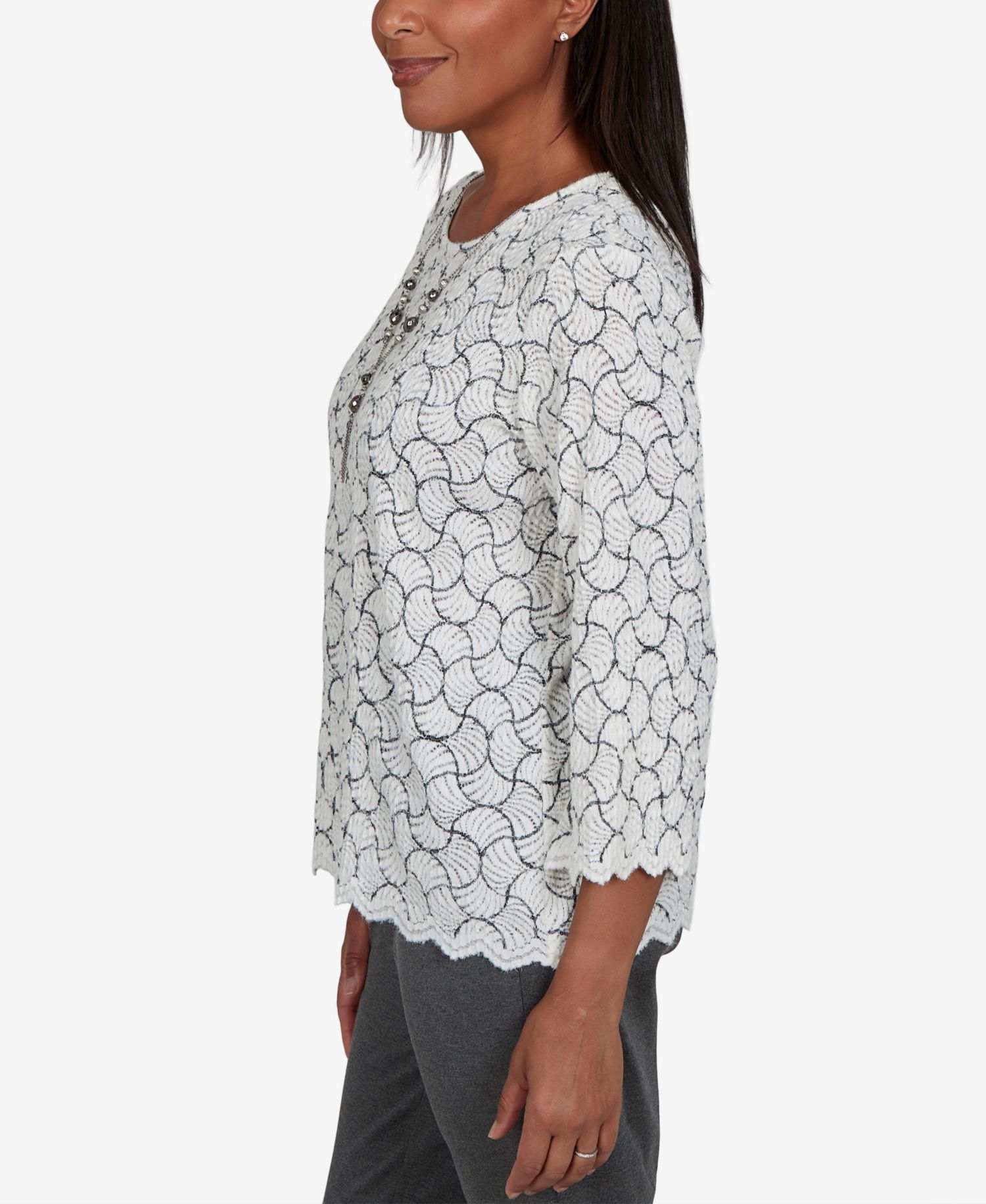 Petite Crewneck 3/4-Sleeve Scalloped-Edge Pullover