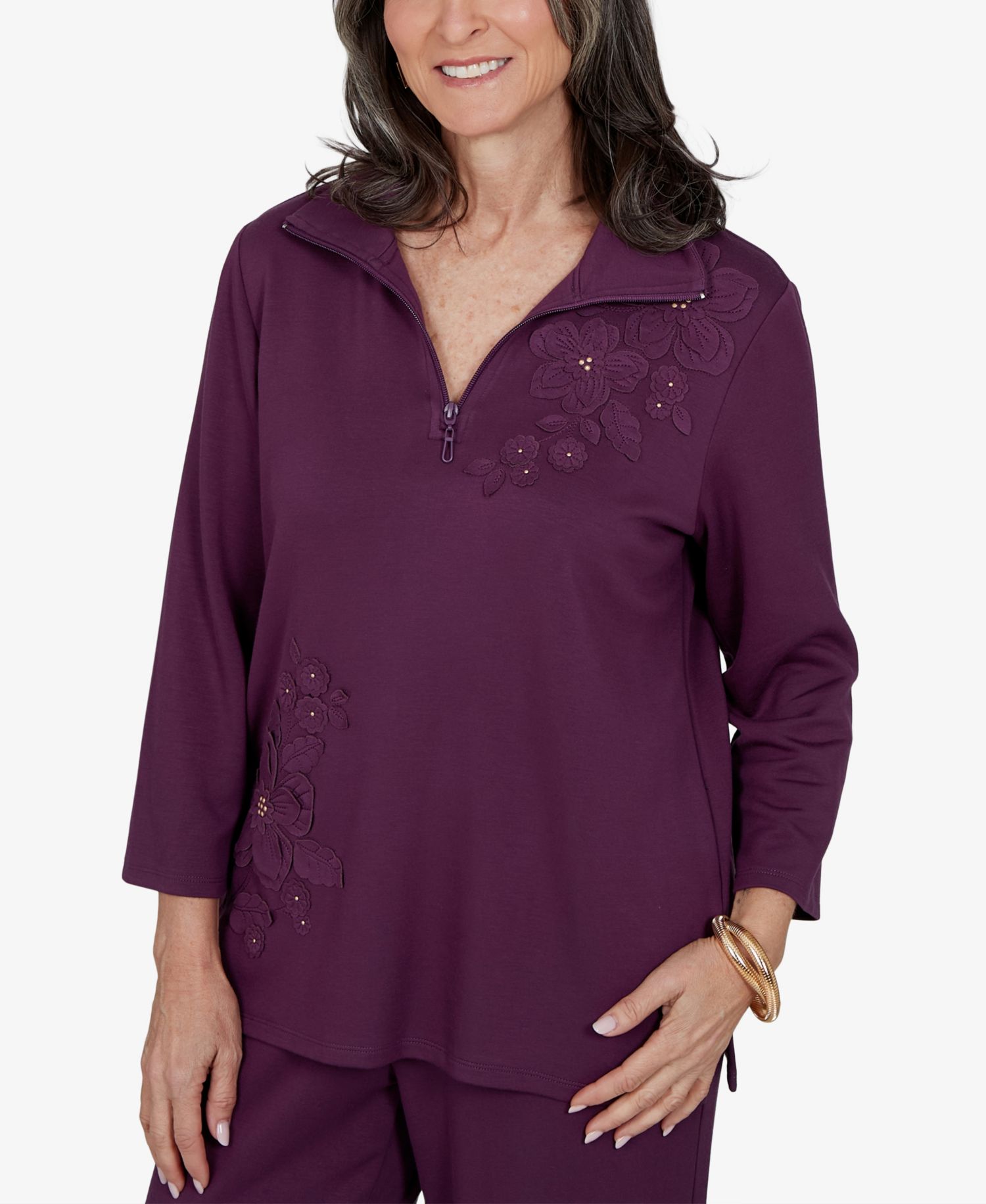 Petite 3/4-Sleeve Floral-Applique Knit Top