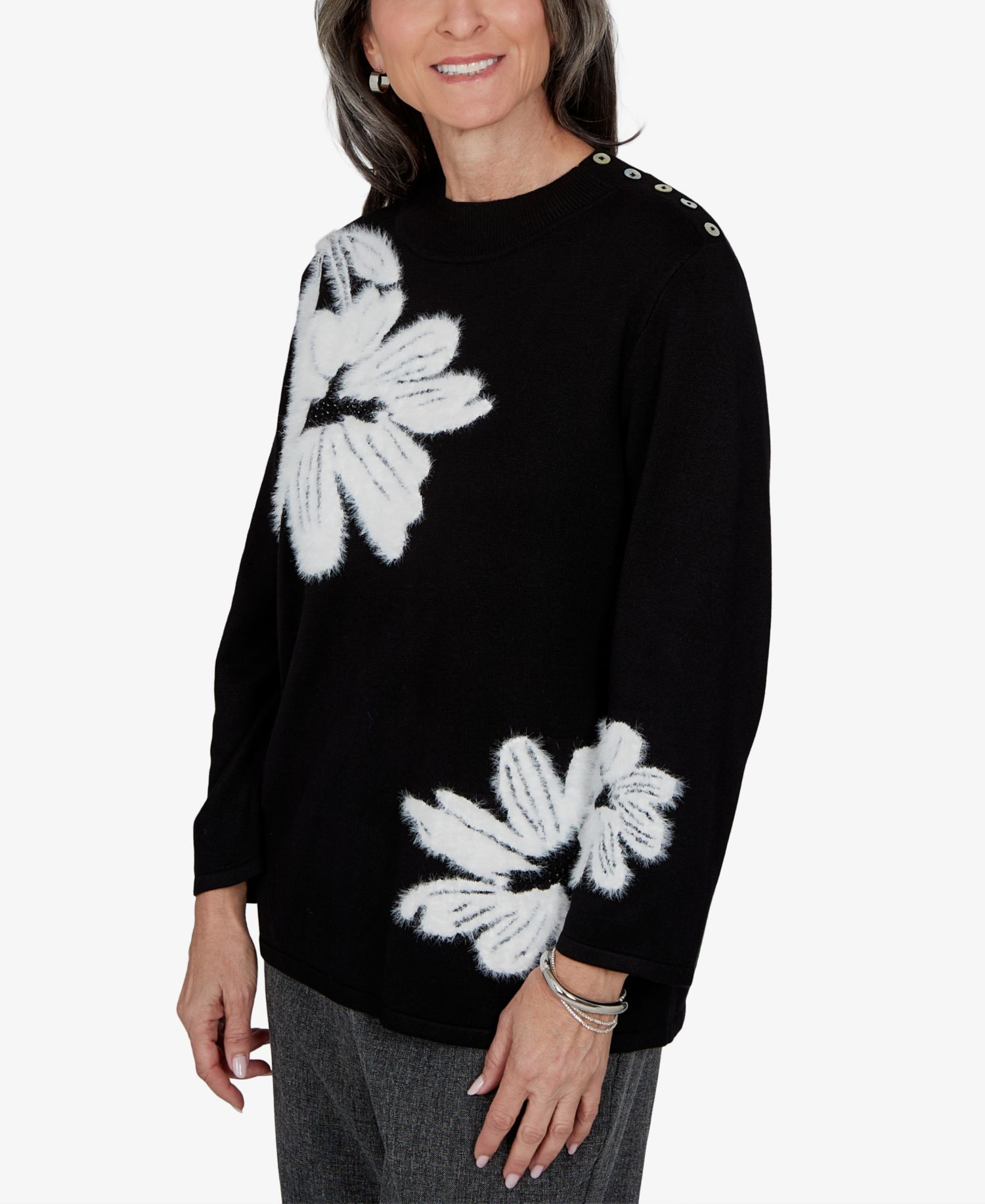 Petite 3/4-Sleeve Floral Pullover Sweater