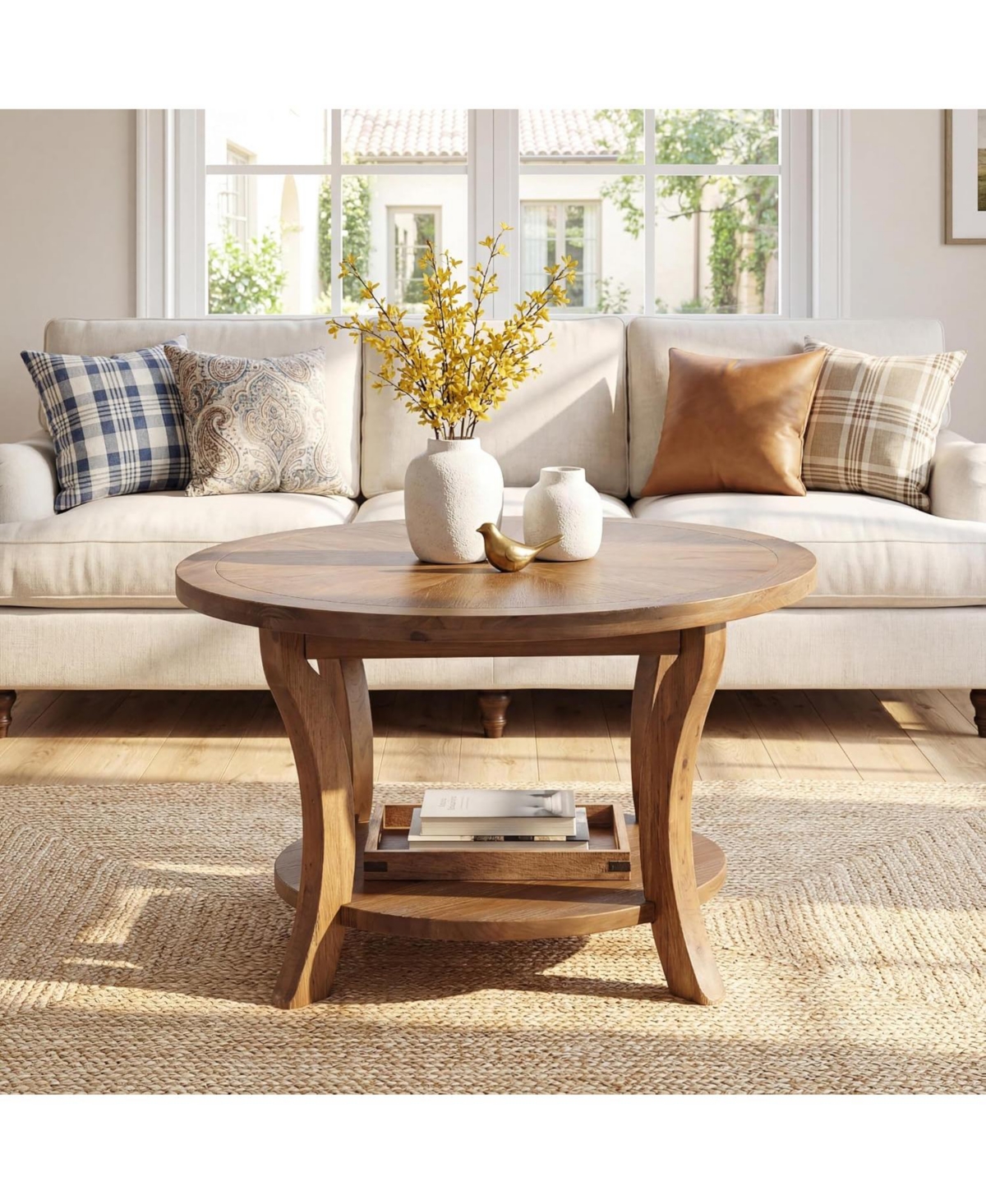 Tribesigns 31.5 Round Solid Wood Coffee Table: 2-tier storage shelf with curved legs. Farmhouse center table for living room