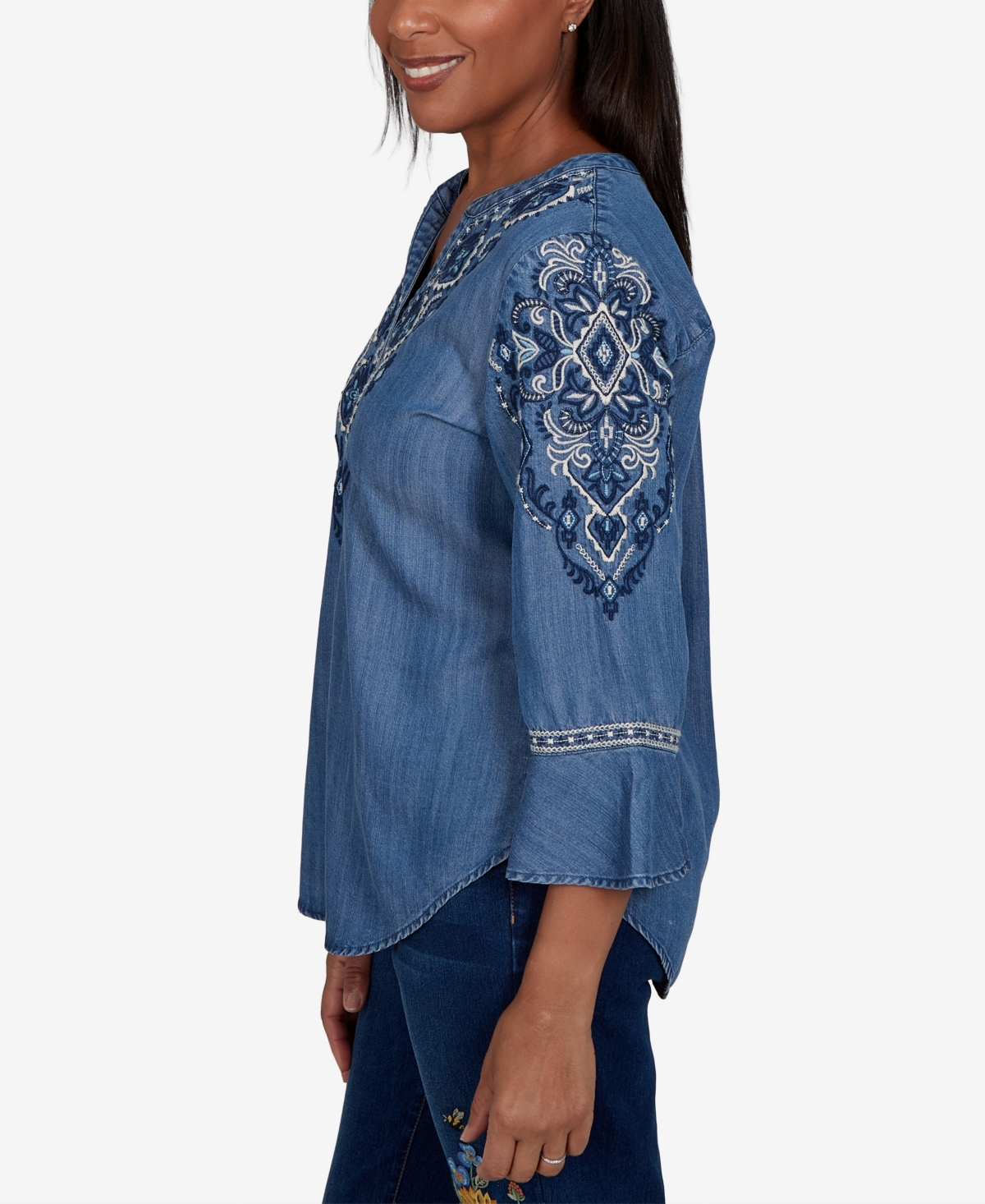 Alfred Dunner Women's Woven Split V-Neck 3/4-Sleeve Button-Front Blouse