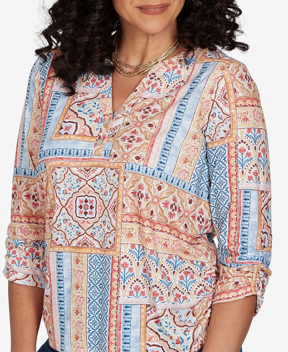 Alfred Dunner Women's Floral 3/4-Sleeve Split-Neck Knit Top