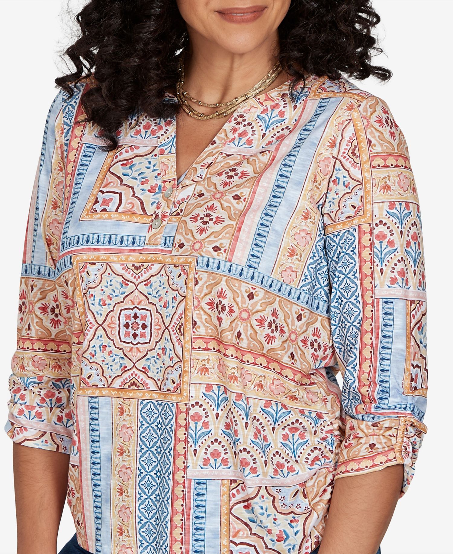 Women's Floral 3/4-Sleeve Split-Neck Knit Top