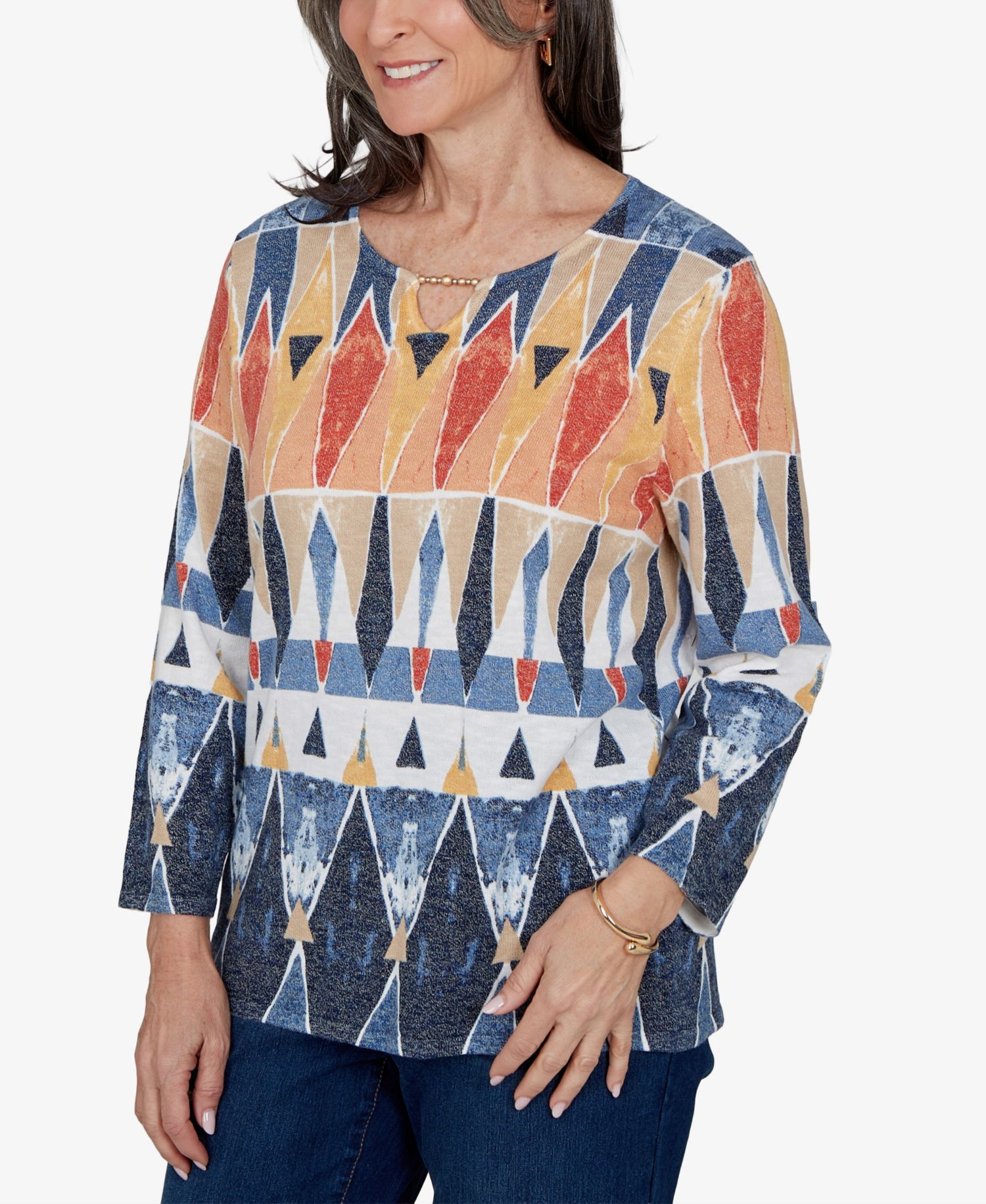 Women's Keyhole 3/4-Sleeve Geometric-Print Cotton-Blend Pullover