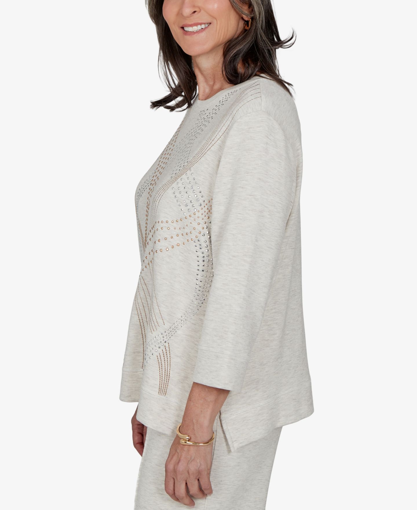 Женский топ Alfred Dunner Knit 3/4-Sleeve Embellished Crewneck, цвет: Овсяный — фото 3