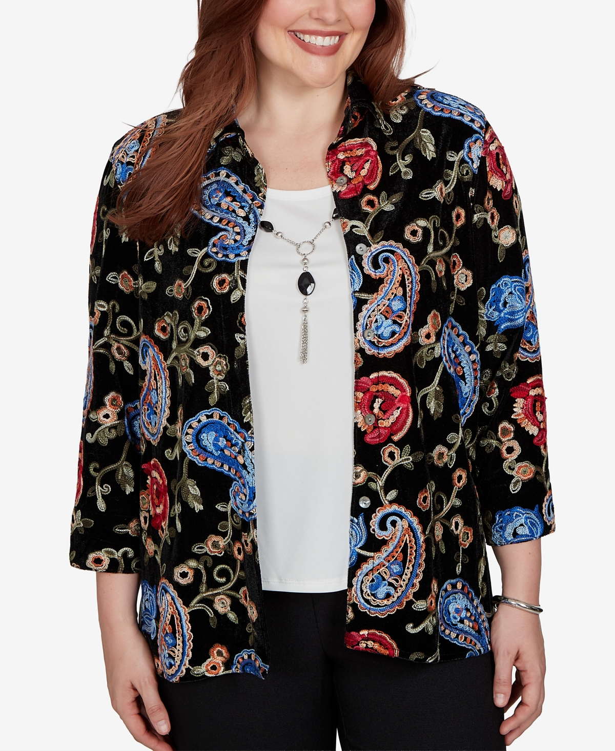 Alfred Dunner Women's Knit Floral-Print Velvet 3/4-Sleeve Blouse