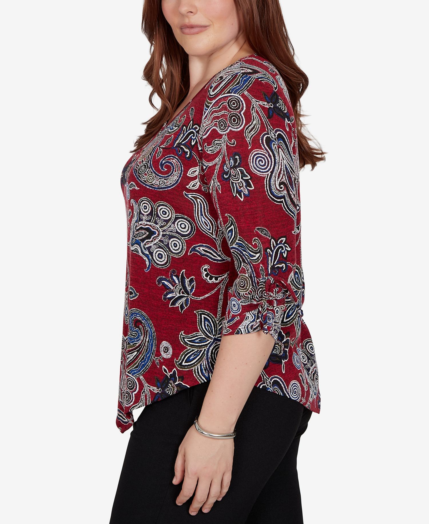 Women's Knit Paisley V-Neck 3/4-Sleeve Top