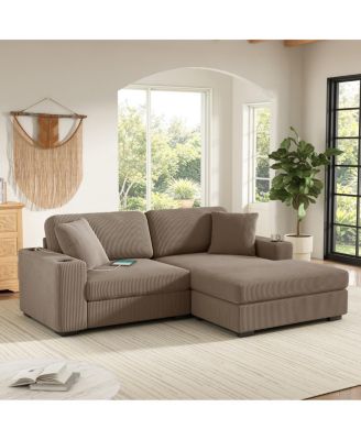 L-Shaped Corduroy Sectional Sofa with Cup Holders and Charging Ports