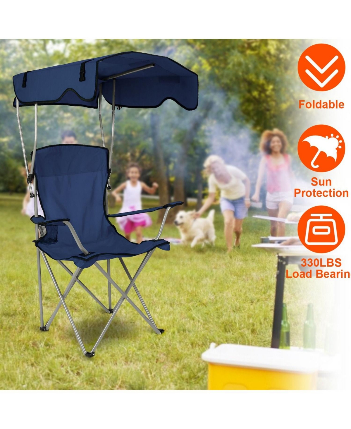 Mountaintop Foldable Beach Canopy Chair, 330 lb capacity, sunshade, cup holder, portable folding seat for beach, camping & travel.
