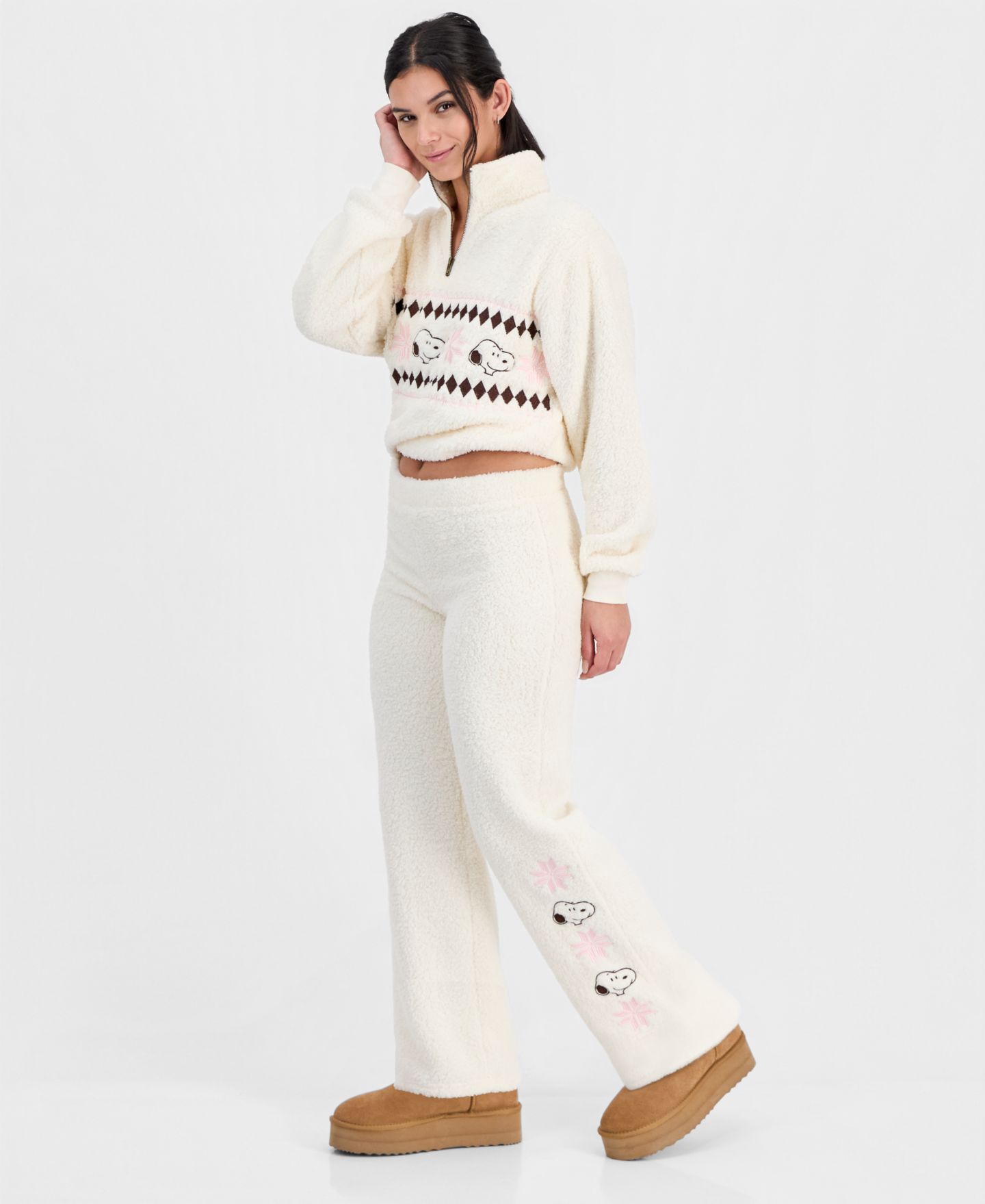 Женские брюки Grayson Threads, The Label Snoopy Sherpa Pull-On Wide-Leg, цвет: Молочно-белый — фото 2