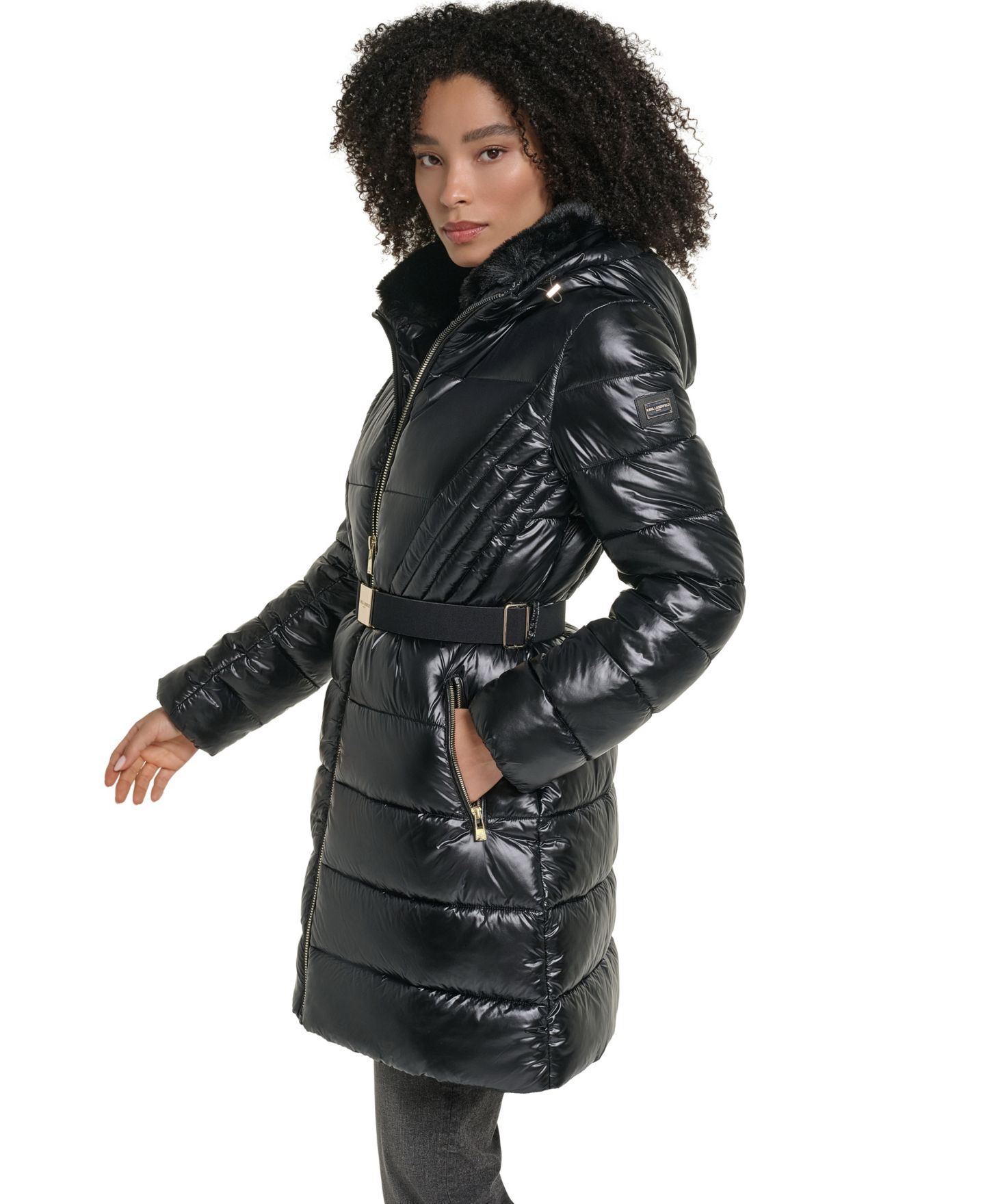 Женская куртка KARL LAGERFELD PARIS Hooded Belted Faux-Fur Collar Puffer Coat, Created for Macy's, цвет: Чёрный — фото 3