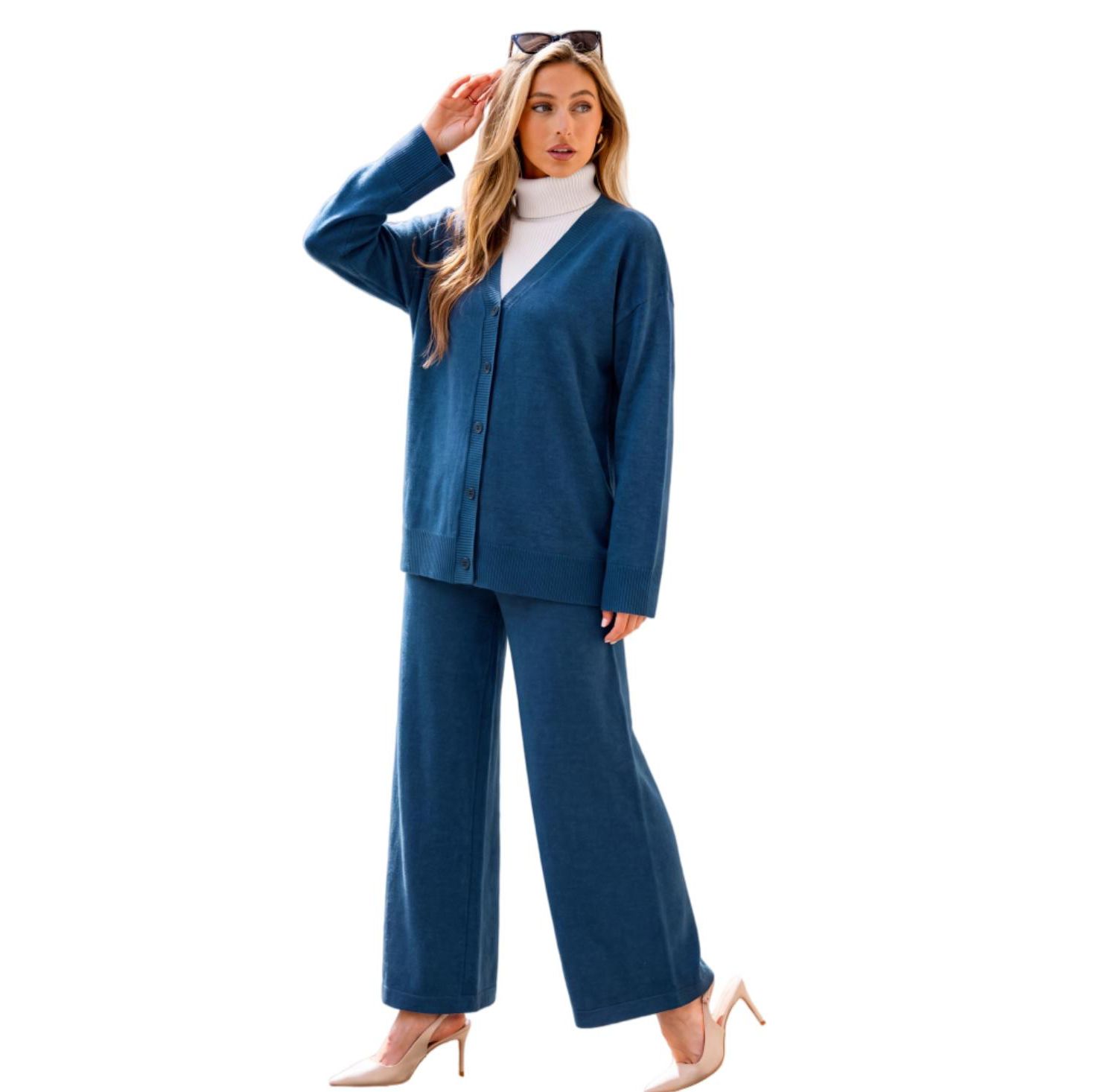 Women's V-Neck Knit Wide-Leg Cardigan and Pants, 2-Piece Set