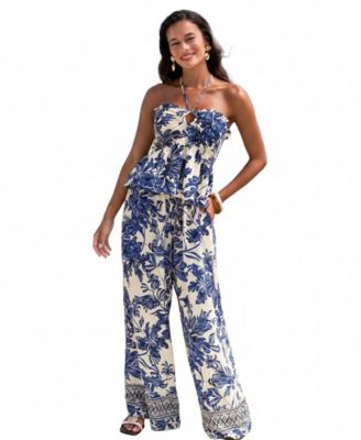 Women's Porcelain Floral Halter Peplum Top and Wide Leg Pants Two-Piece Set