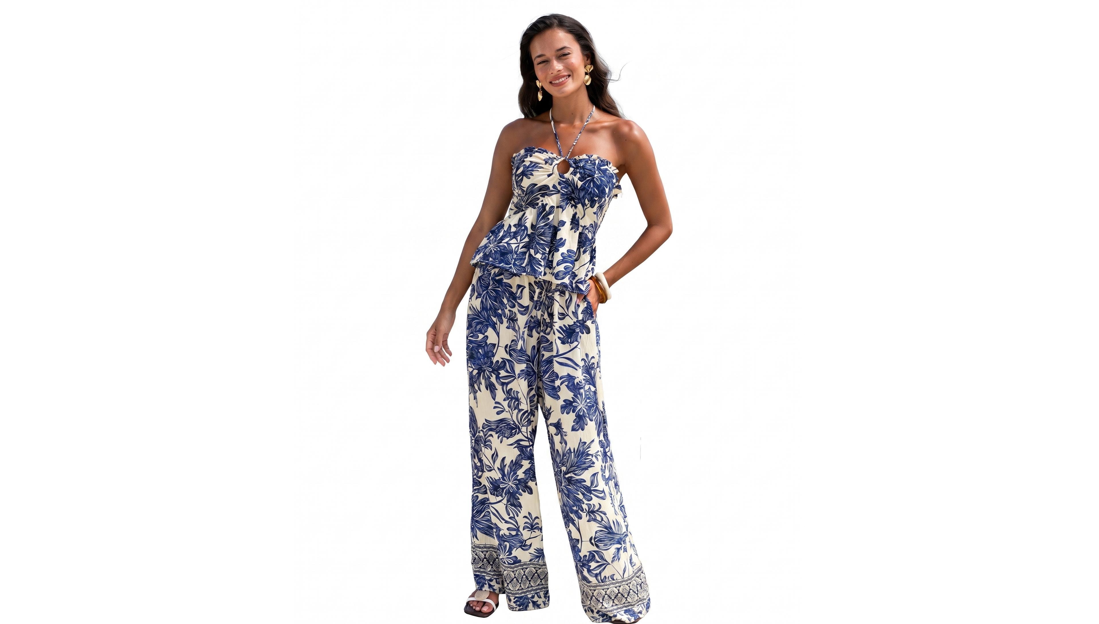 Cupshe Women's Porcelain Floral Halter Peplum Top and Wide Leg Pants Two-Piece Set