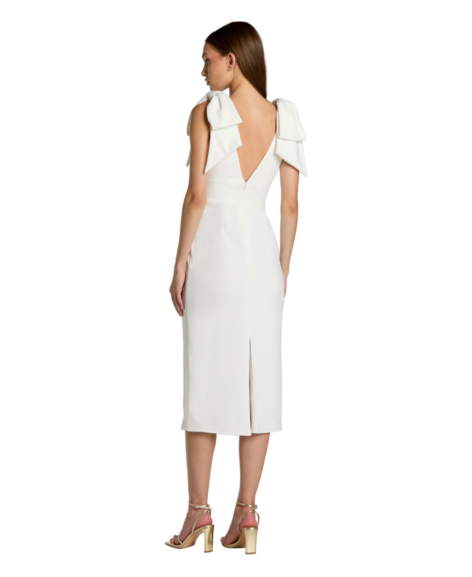 Women's Bow-Shoulder V-Neck Sleeveless Crepe Midi Dress