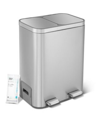 13 Gallon Dual Compartment Kitchen Trash Can with Recycling, Soft-Close Lids and Bag Storage, Brushed Stainless Steel