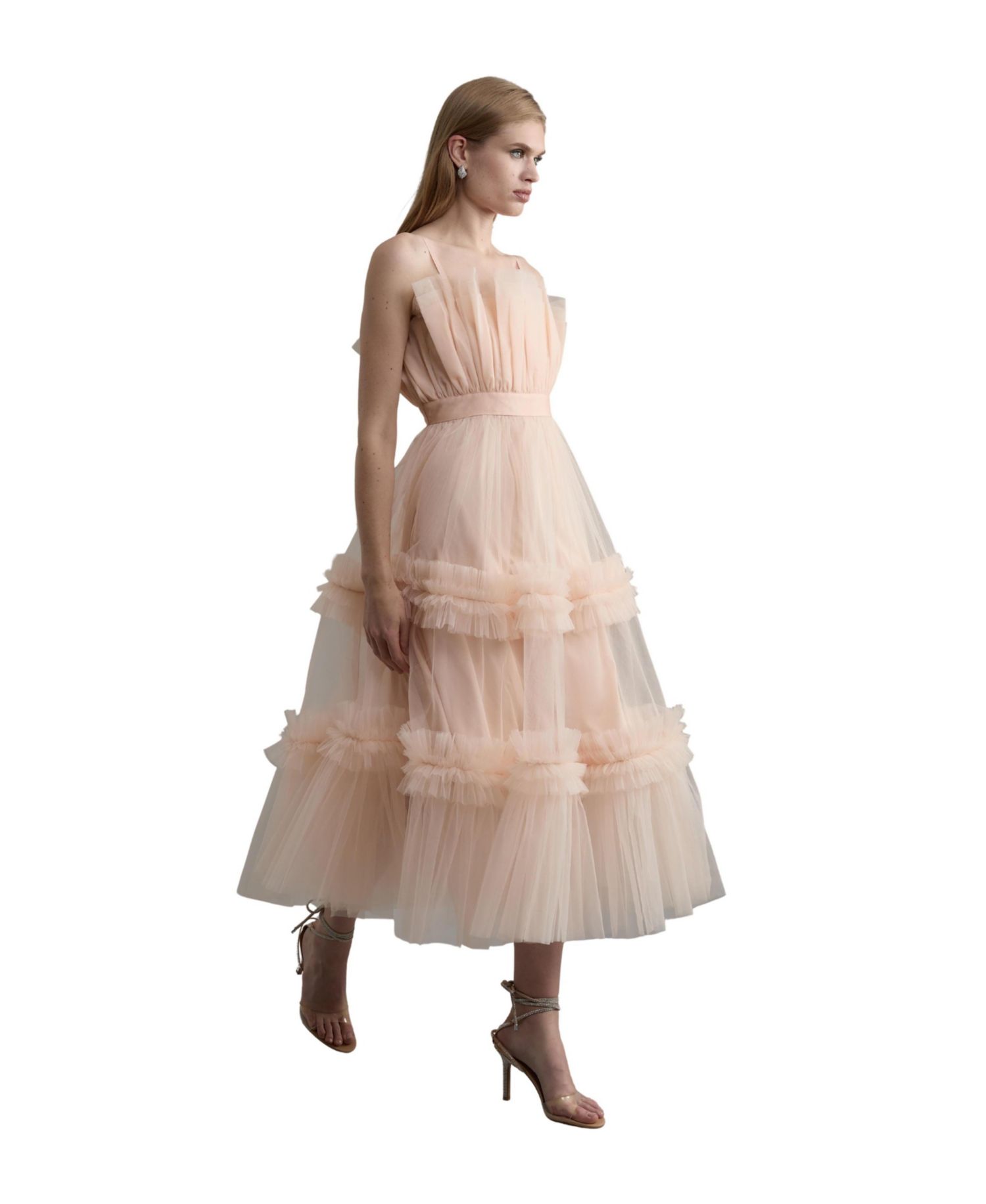 Women's Square Neck Tiered Tulle Midi Dress