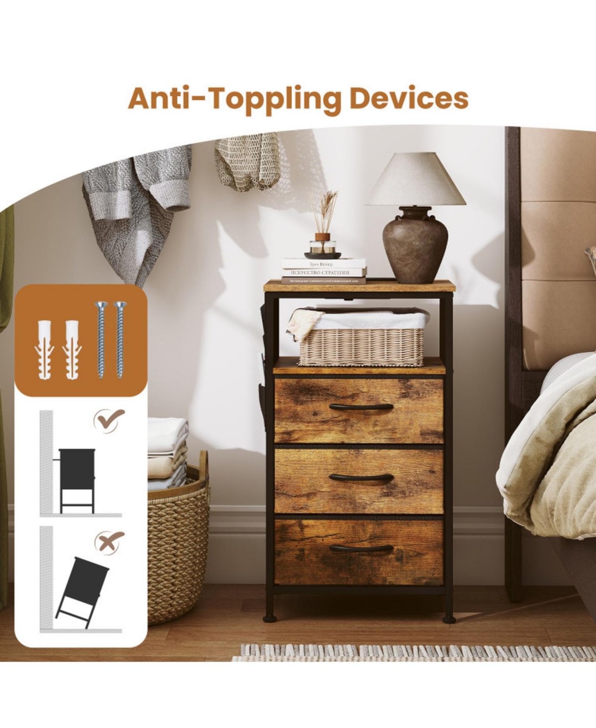 Sugift 27.5 Inch Nightstand with Charging Station 3 Fabric Drawers and Open Compartment Bedside Tower