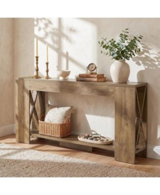 71 Inch Farmhouse Console Table, Wood X-Side Sofa Table