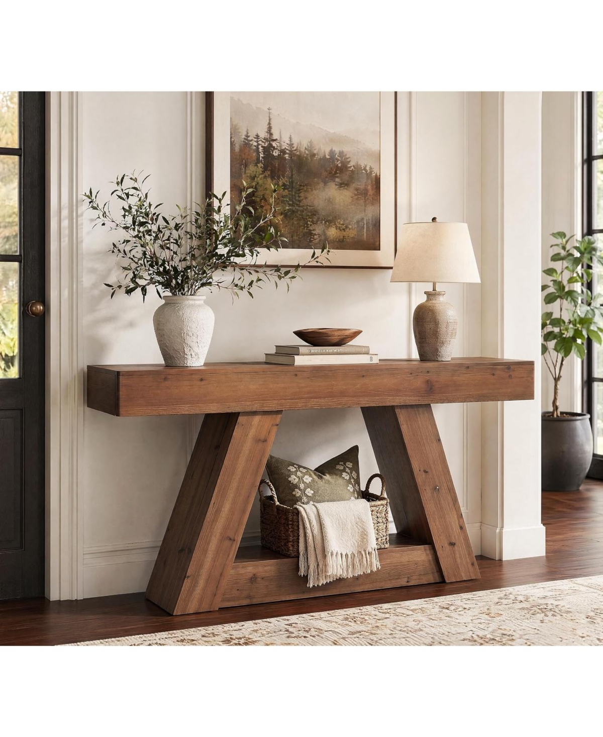Tribesigns 63" Rustic Solid Wood Console Table With Angled Legs and Lower Shelf, Farmhouse Entryway Table