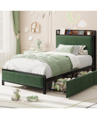 Twin-XL Size Bed Frame with 2 Drawers and Charging Station-Upholstered Headboard Bed with LED Lights, Under Bed Storage
