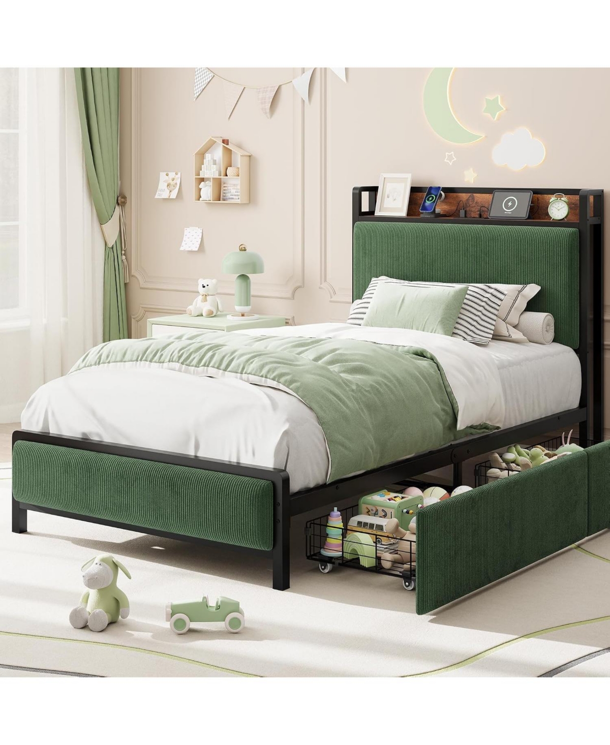 gaomon Twin-xl Size Bed Frame with 2 Drawers and Charging Station-Upholstered Headboard Bed with Led Lights, Under Bed Storage