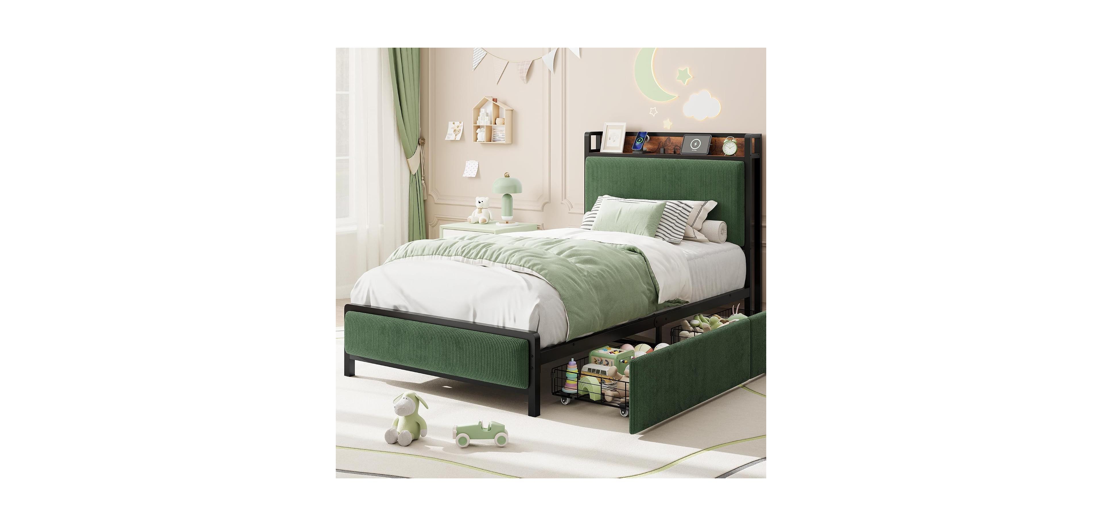 gaomon Twin-xl Size Bed Frame with 2 Drawers and Charging Station-Upholstered Headboard Bed with Led Lights, Under Bed Storage