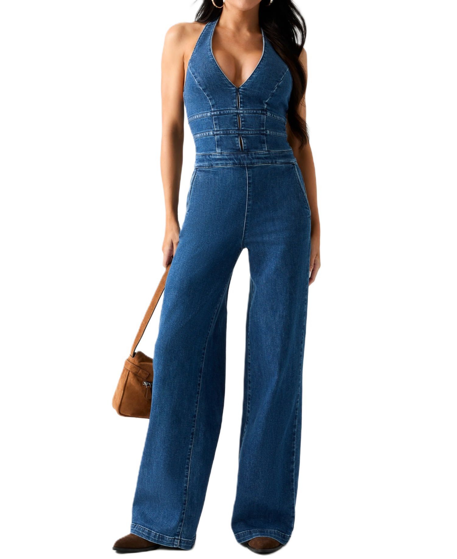 Women's Val Halter V-Neck Wide-Leg Denim Jumpsuit