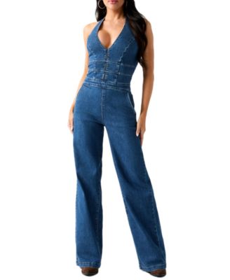 Women's Val Halter V-Neck Wide-Leg Denim Jumpsuit