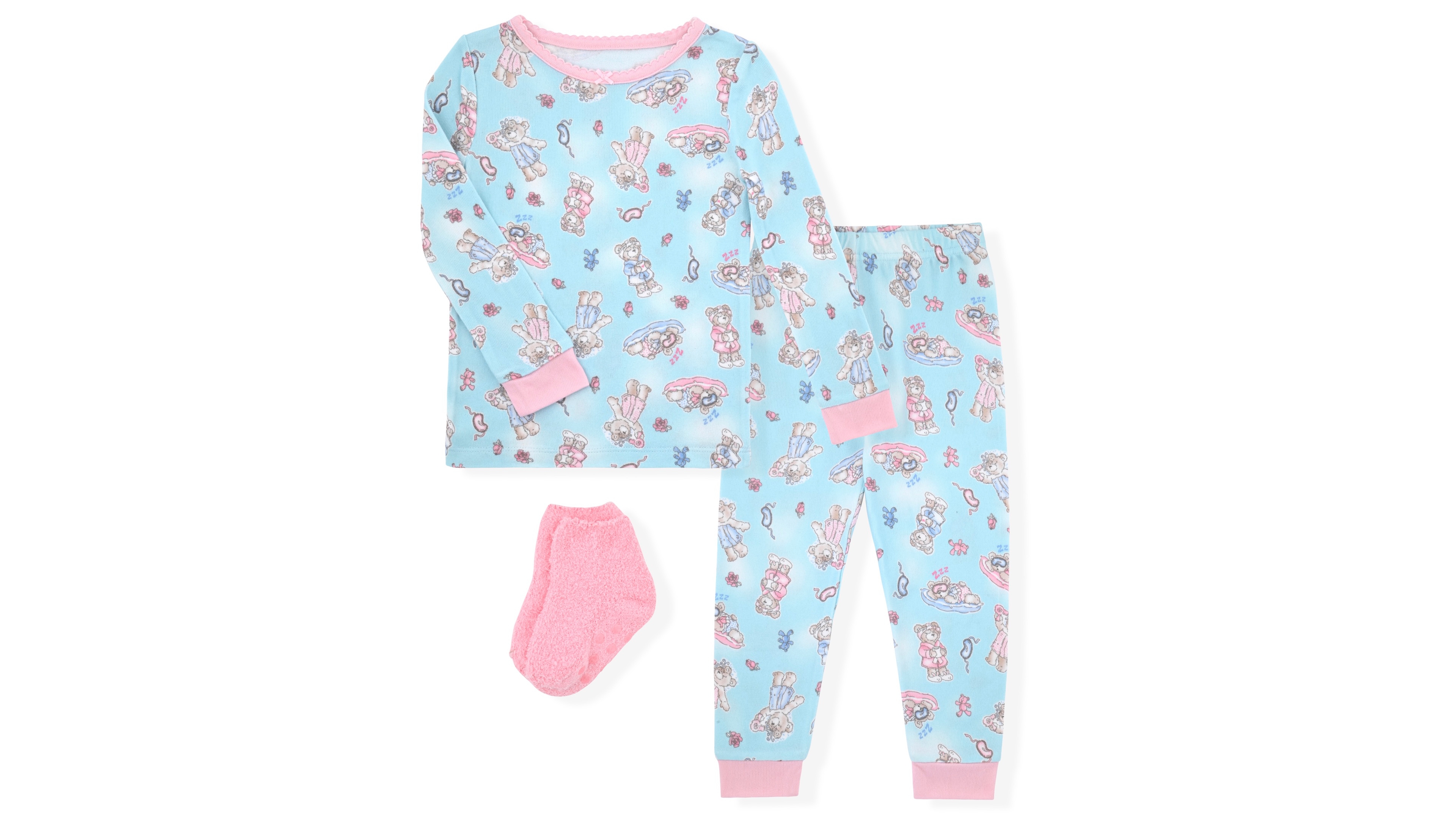 Max & Olivia Toddler Girls' 12M-5T Whimsical Bear Print Long-Sleeve Top, Pants and Socks, 3-Piece Pajama Set