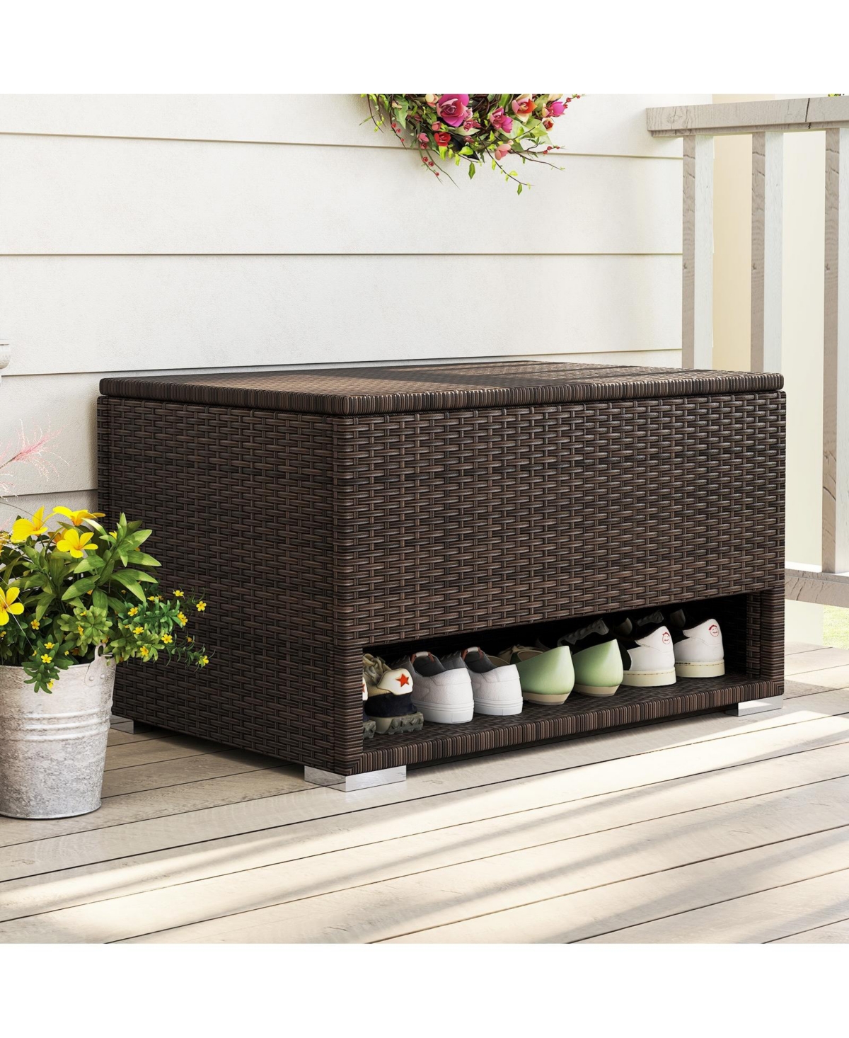 Mecale 48-Gallon Rattan Storage Bin, Waterproof Liner, Shoe Shelf