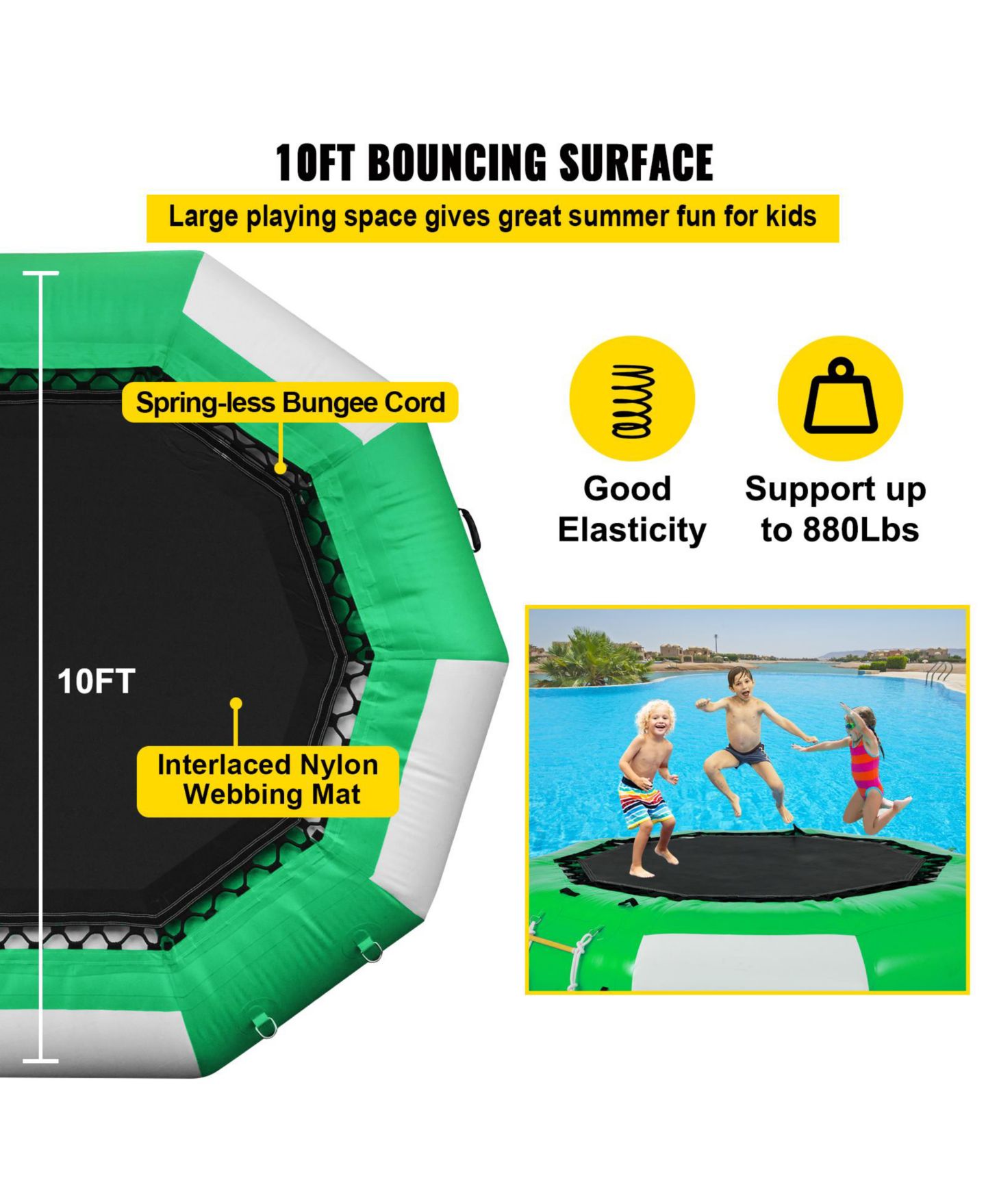 Детская игрушка SEVORLEY 10-Foot Inflatable Water Trampoline with Ladder, 880 Pounds, Ages 6+, цвет: Зелёный / Белый — фото 5