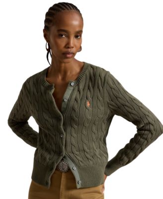 Women's Cable-Knit Cotton Crewneck Cardigan Sweater