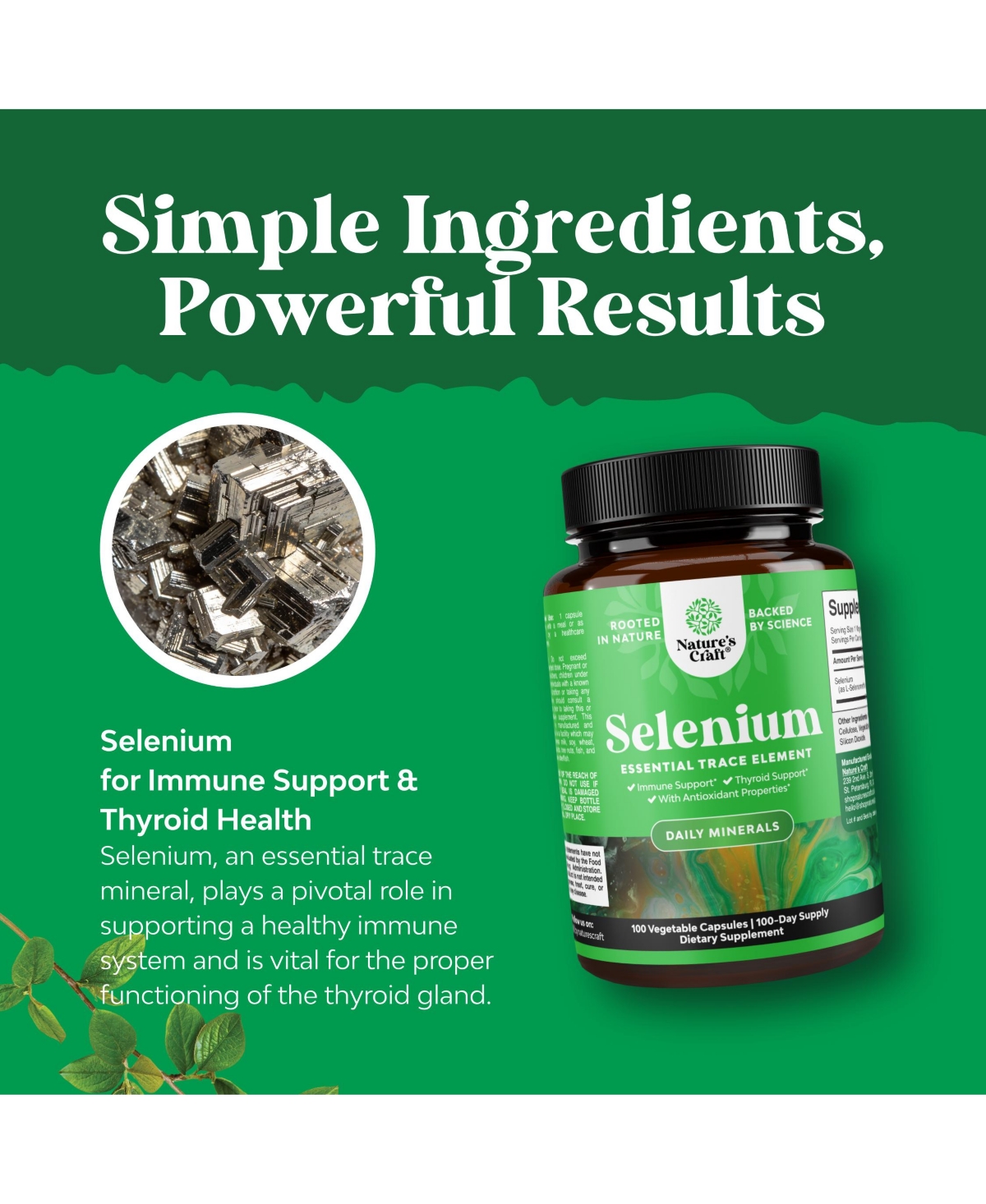 Nature's Craft Selenium 200mcg Capsules, High Potency Selenium Supplement for Immune Support, Antioxidant and Thyroid Support Trace Mineral, 100 Count